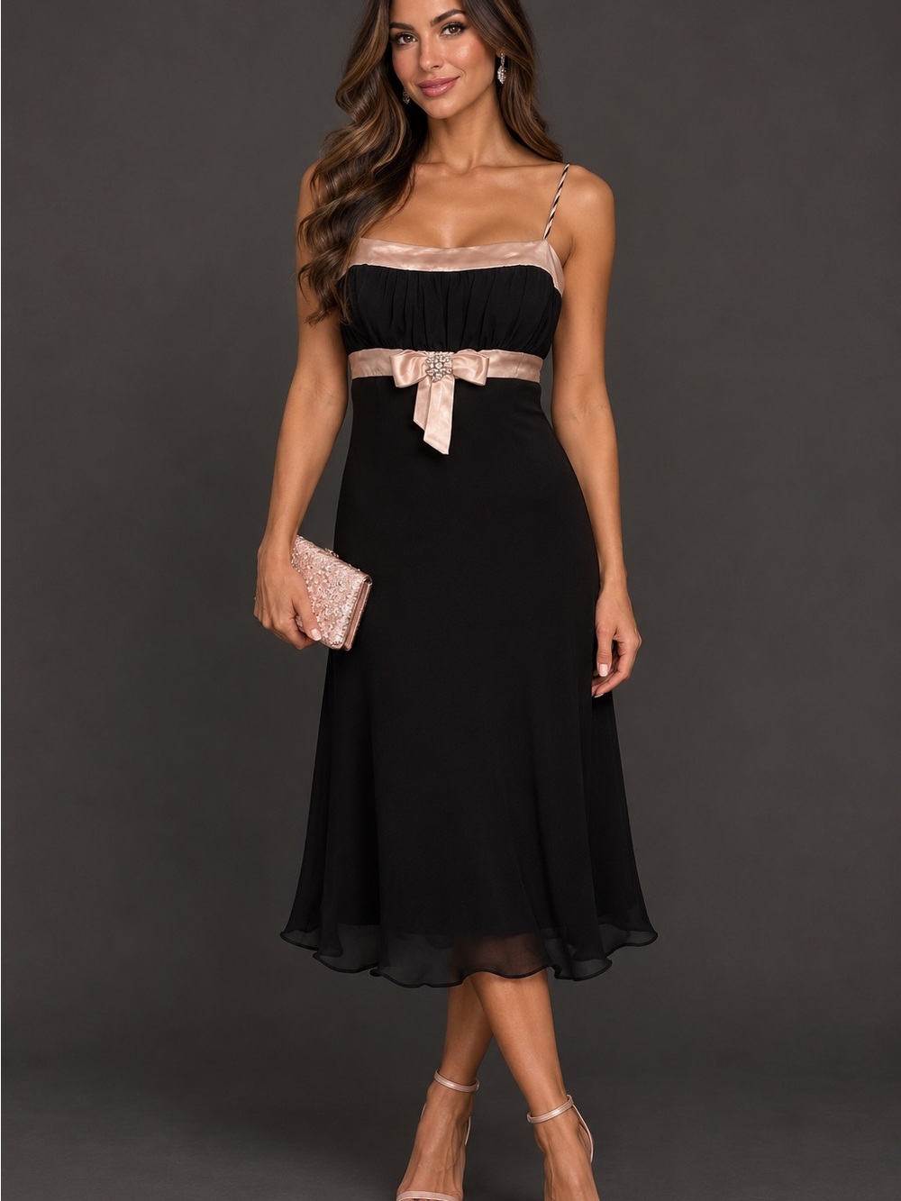 Elegant Black Midi Dress with Blush Satin Trim by Lori Ann Montreal Size 4 NWOT